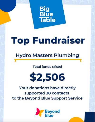 Hydro Masters Plumbing recognised as Top Fundraiser for Beyond Blue 2023